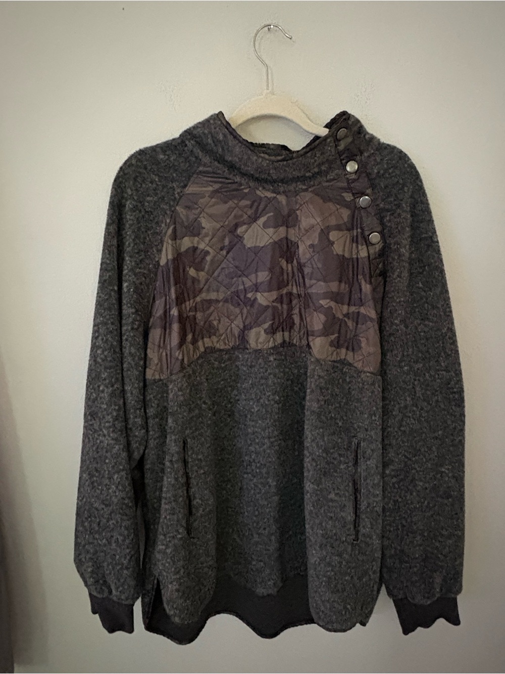 White Birch Camo Quilted Snap Neck Fleece Pullover Sweater Plus Size 3XL Grey